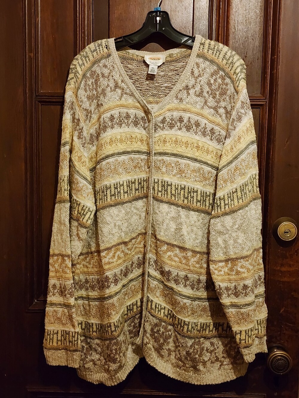 VTG Talbots Irish Linen Blend Cardigan Sweater Made in Ireland Fair Isle Boho XL